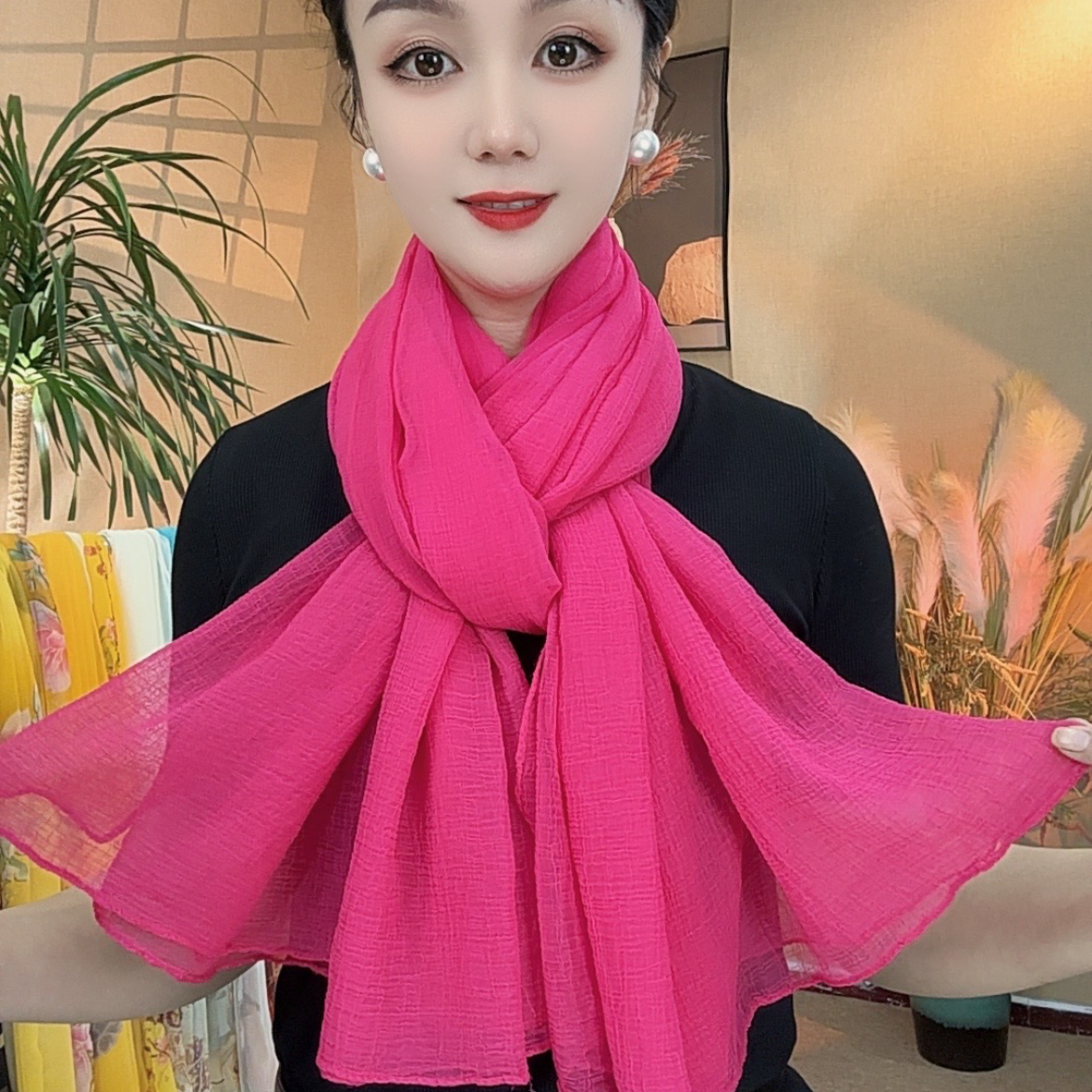 【180*140左右】围巾女百搭长款纯色丝巾纱巾旅游拍照超大