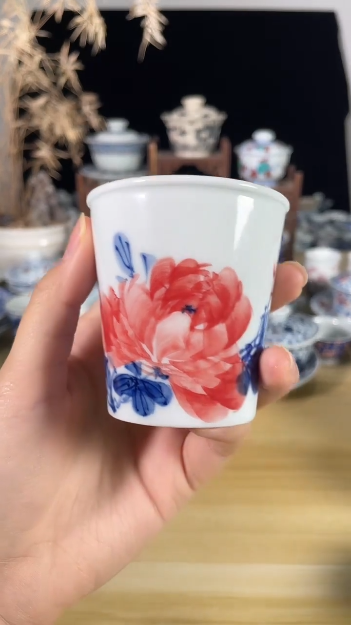 景德镇手工手绘釉下五彩牡丹可乐杯
