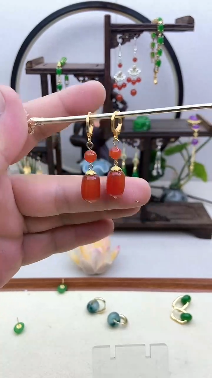 南红玛瑙14K金镶嵌耳饰81号