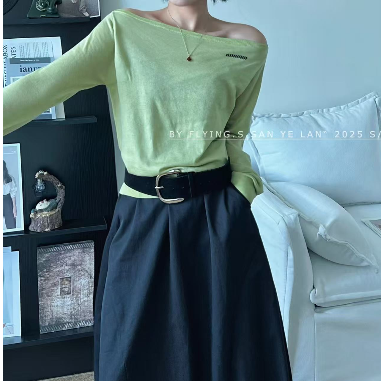 SYL2025早秋新款长袖一字肩针织上衣百搭简约85252