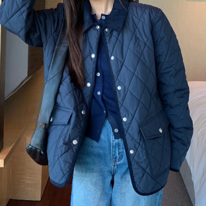 刺绣菱格灯芯绒翻领棉服女25秋冬新款百搭高级感外套-新