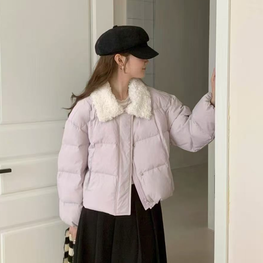 冬季新款小个子羽绒服女短款显瘦拼接翻领甜美学院风面包服