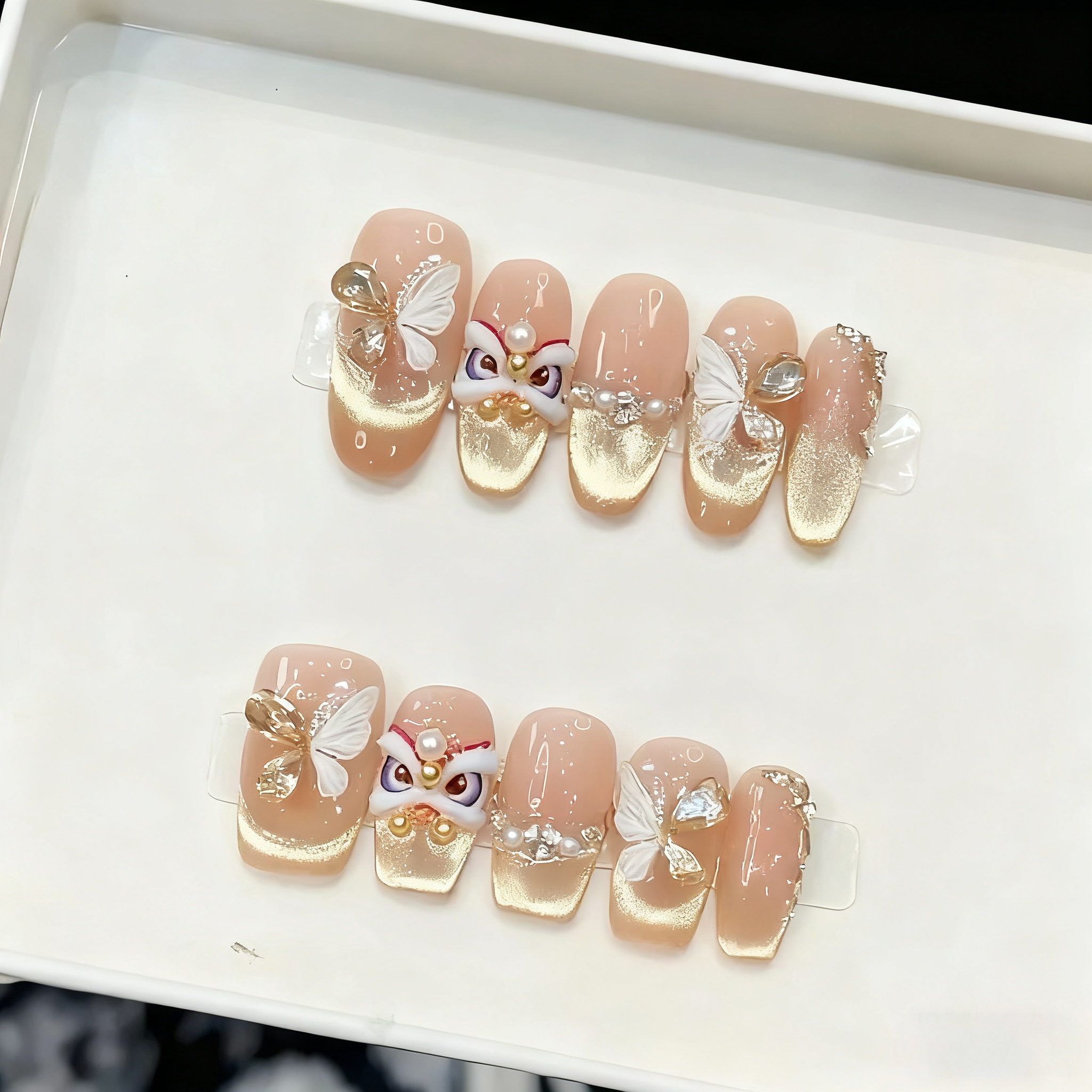 【烫金醒狮】纯手工穿戴甲美甲贴片可拆卸指甲贴片10片装