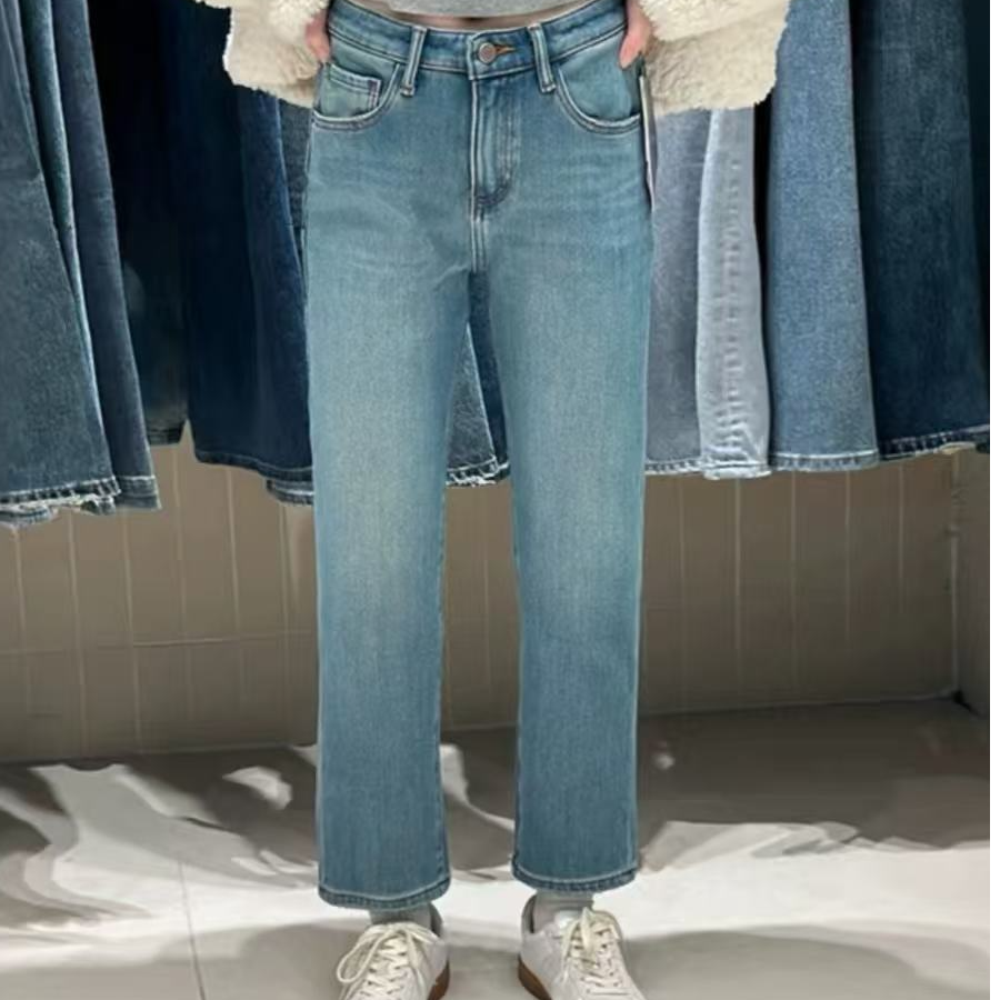 SU【196】代 83 愫赵 牛仔裤女秋冬直筒裤高腰蓝色特绒九分法棍裤