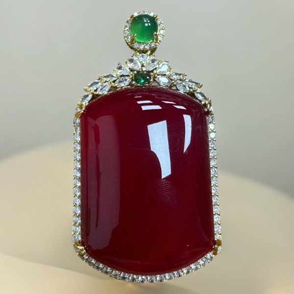 高档珠宝34*50朱砂红平安无事牌玛瑙吊坠天然玉石玉髓挂件送礼盒