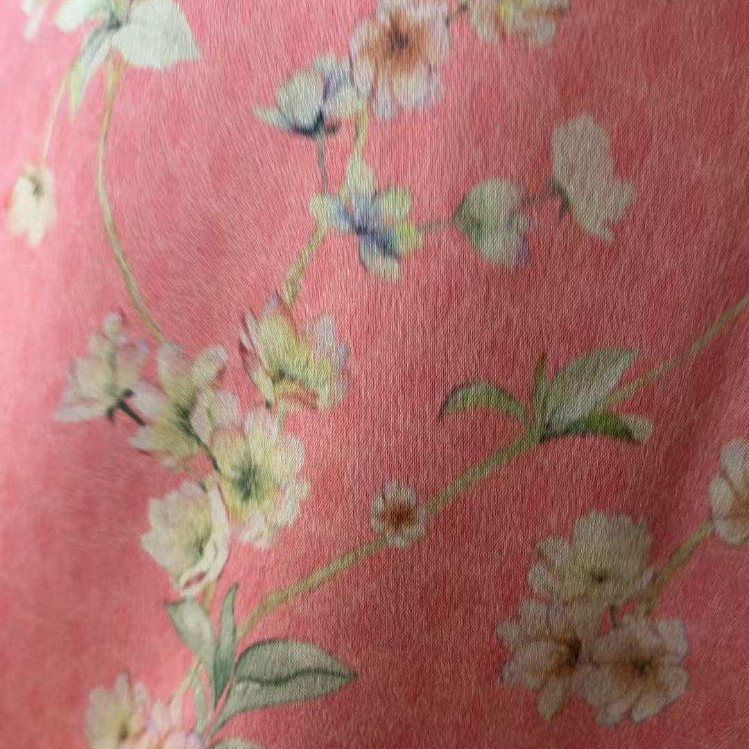 （喜物定制-橙粉色底海棠花-前喷重缎）24/ 100%桑蚕丝高品质面料