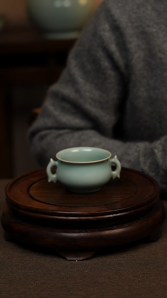 瓷片仿古天青全手工双耳杯60ml 一级不带礼盒