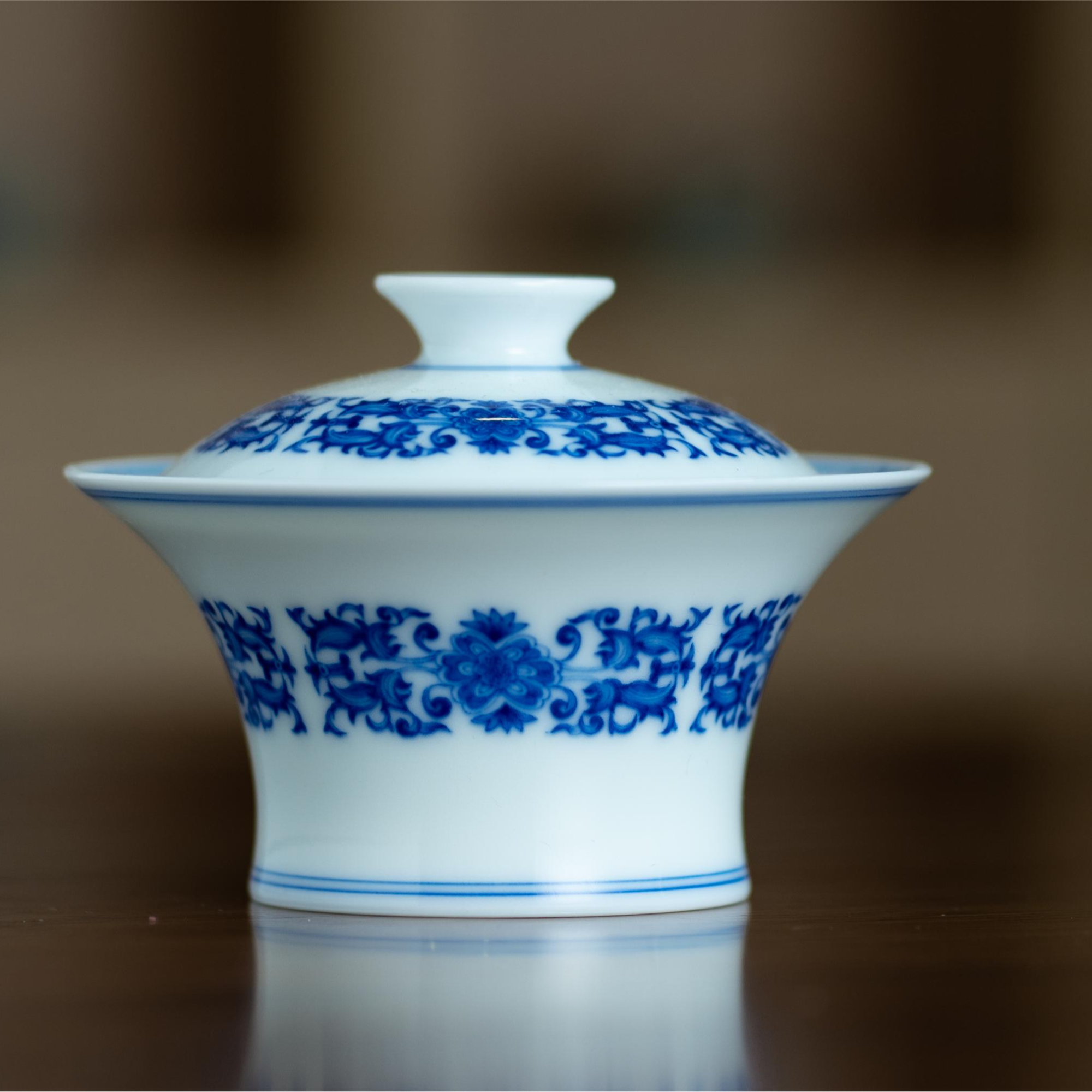 四夕窑茶具青花白瓷开片四方牡丹纹陶瓷泡茶高级盖碗侘寂风高手