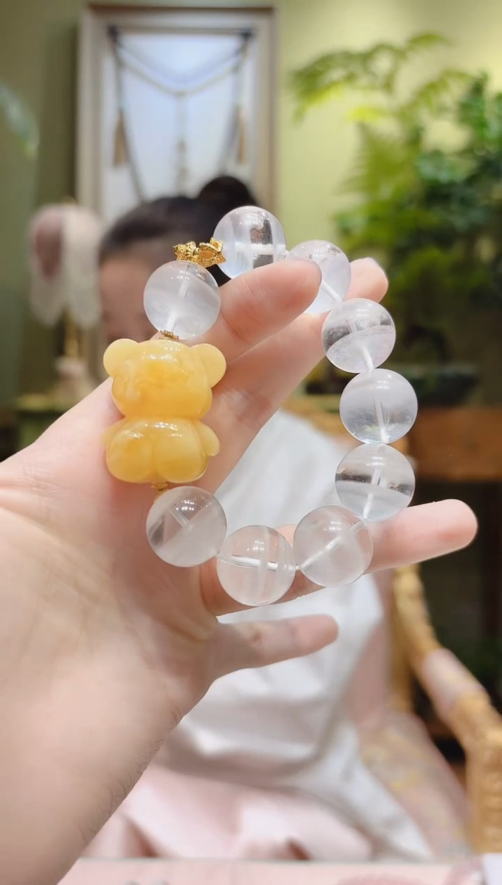 【闪购商品】水晶手串18K金镶嵌蜜蜡熊千层白幽灵手串1号