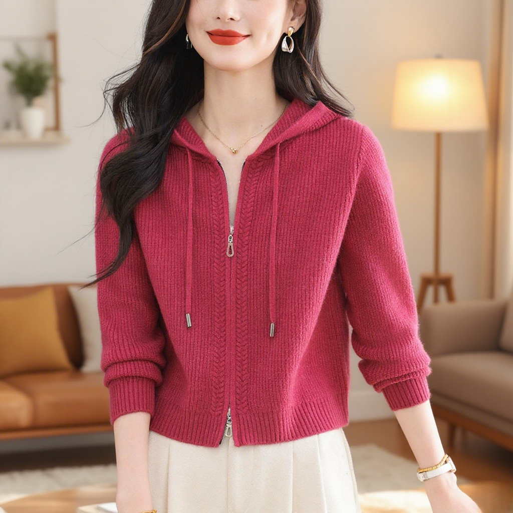 纯100羊毛衫连帽针织开衫女秋冬洋气外搭拉链短款小个子毛衣外套
