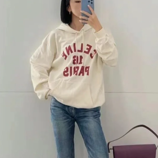 未使用 Celine/思琳 汤/P235400687/米白色字母连帽卫衣 S