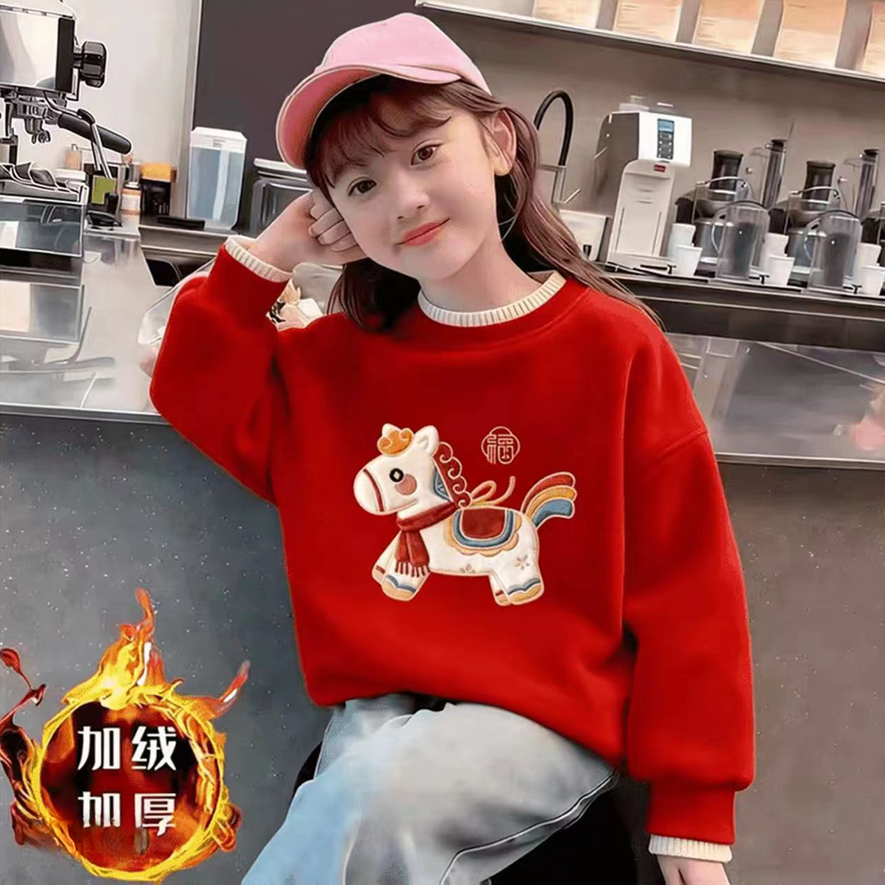 新年2026过年衣服拜年服印花红色加绒加厚本命年儿童双层螺纹卫衣