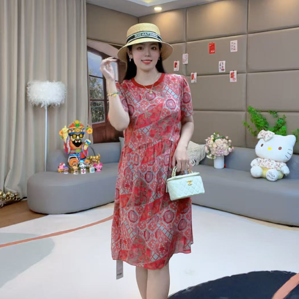 【火火精选】“窗花”短款纯单层洋气慵懒风气质桑蚕丝连衣裙 80096