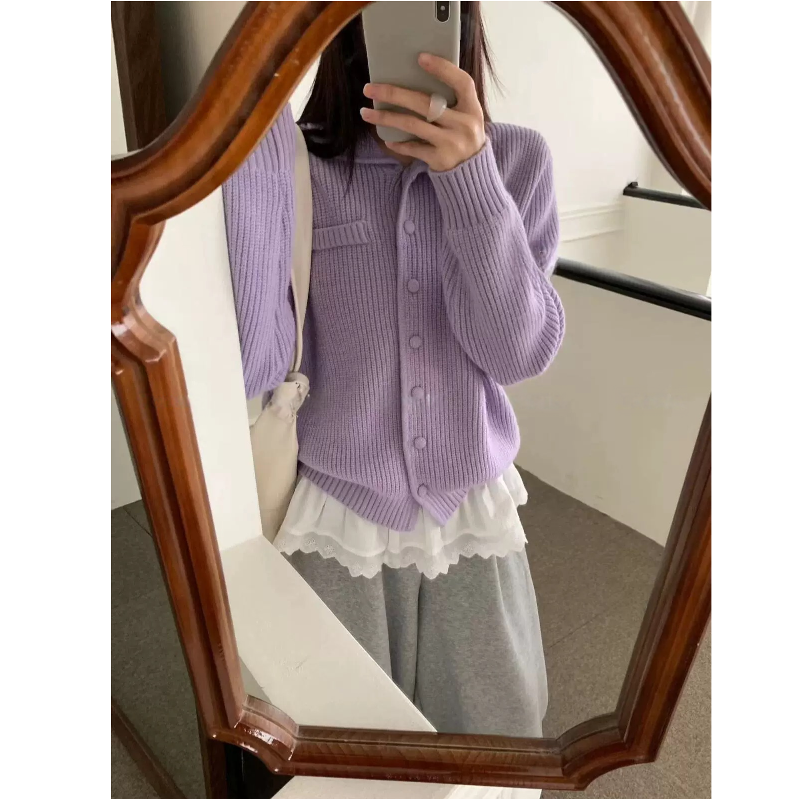 【运费补贴】香芋紫翻领时尚宽松女毛衣针织衫显瘦外套百搭