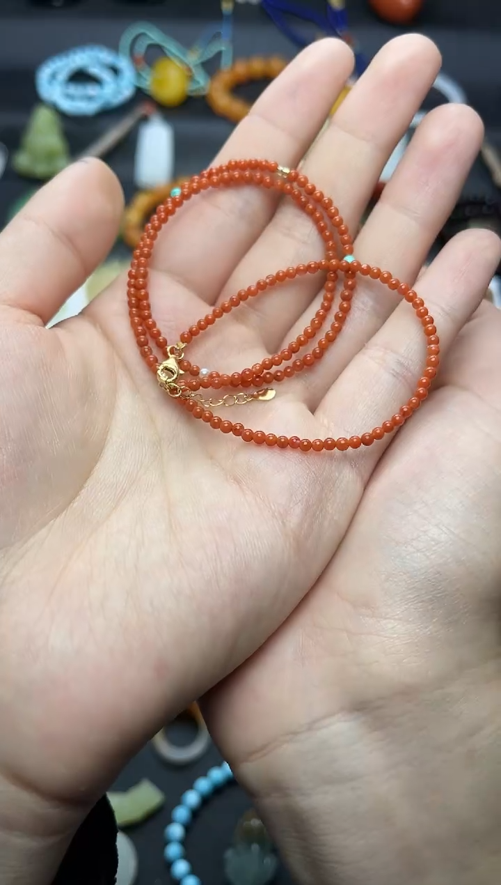 银S925镶嵌颈饰南红玛瑙五*七小米珠链06