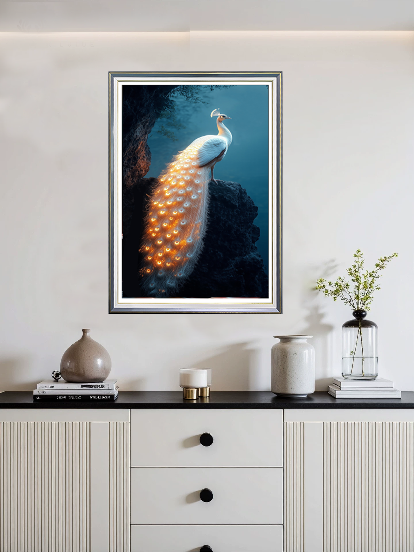 L57钢化玻璃《孔雀呈祥》实物立体装饰画客厅装饰画餐厅卧室挂画