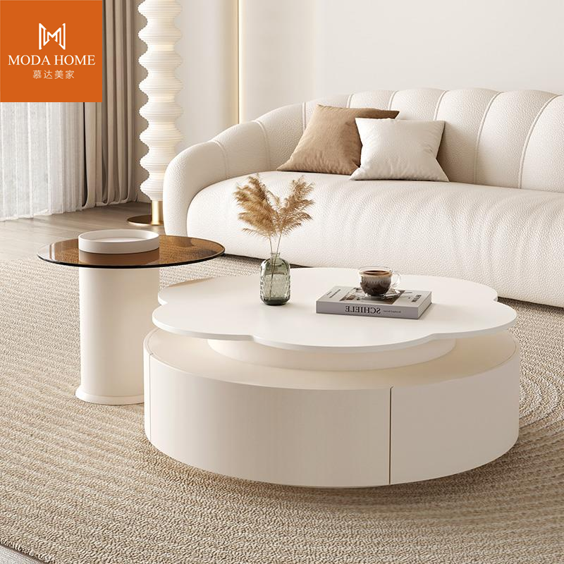 奶油风纯白岩板茶几轻奢现代简约客厅小户型圆形创意花朵茶几白色