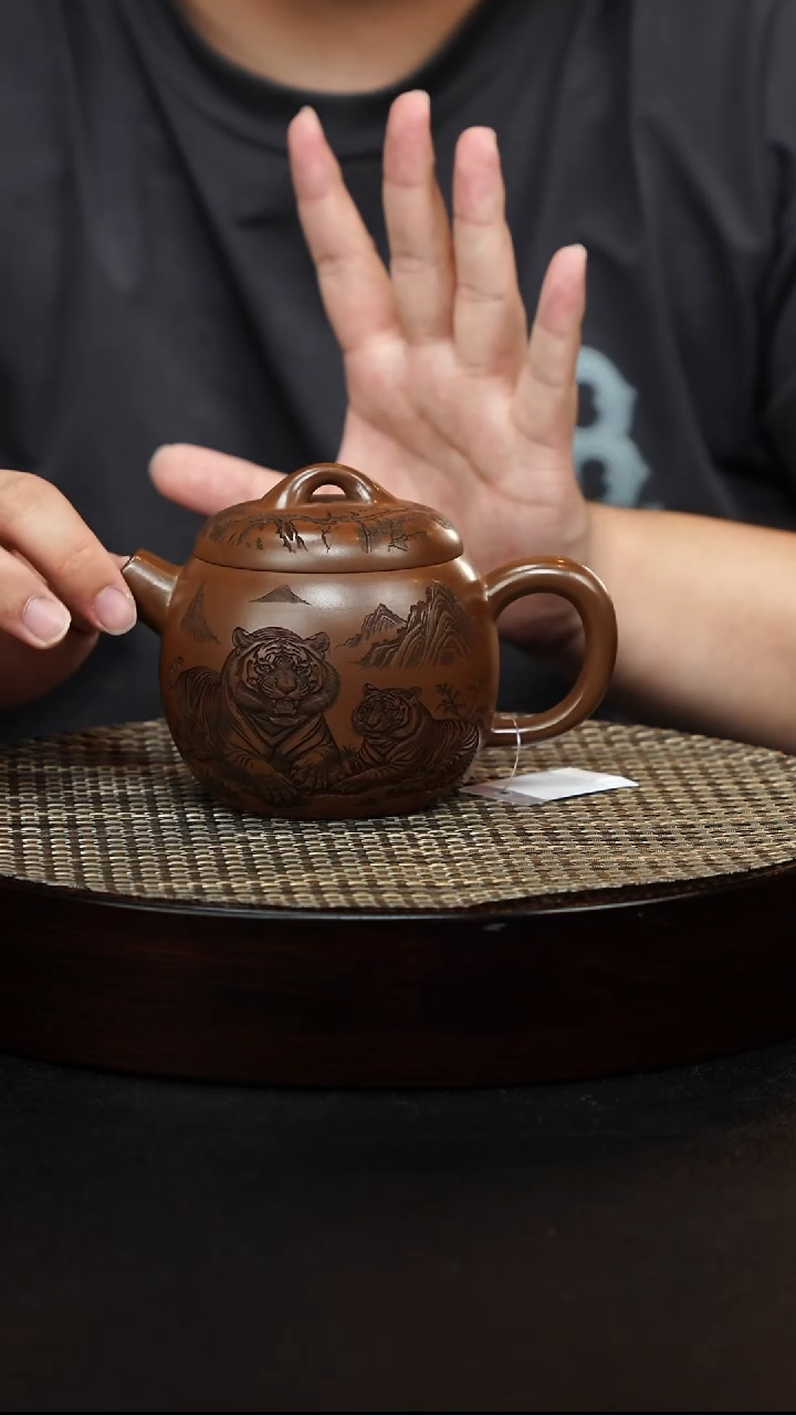 茶壶紫砂宜兴原矿纯手工紫砂 虎刻文旦 明朝土