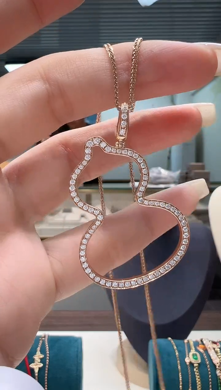 【闪购商品】钻石吊坠(不含链)18K金镶嵌满钻镂空大葫芦吊坠K红