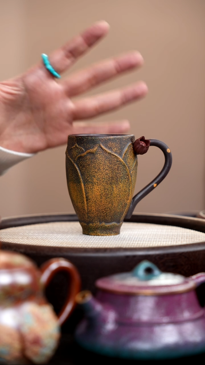 茶壶紫砂紫泥高莲花手把杯