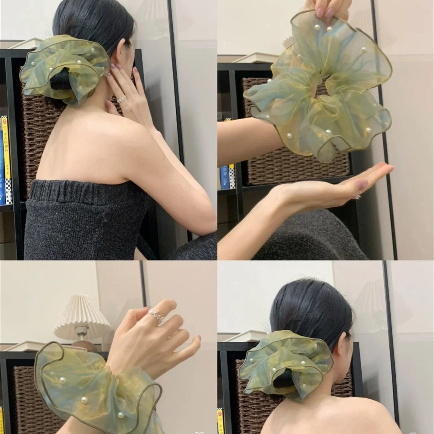 阳光下的人鱼公主纱~韩版钉珠发圈闪闪氛围感小众大肠发圈发绳女