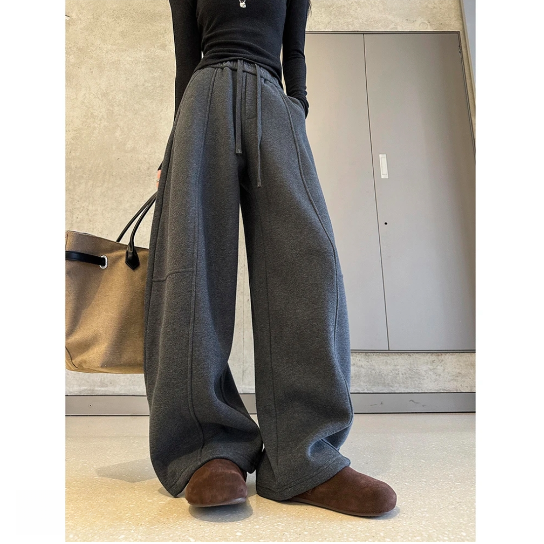 加绒加厚美式复古休闲运动裤女冬季宽松设计感高腰阔腿裤