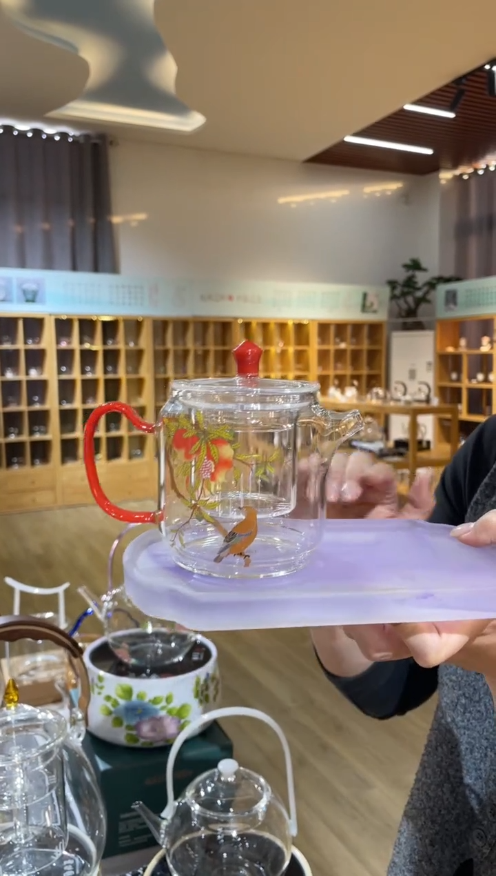 手工艺品玻璃遇器小神奇壶红把石榴花
