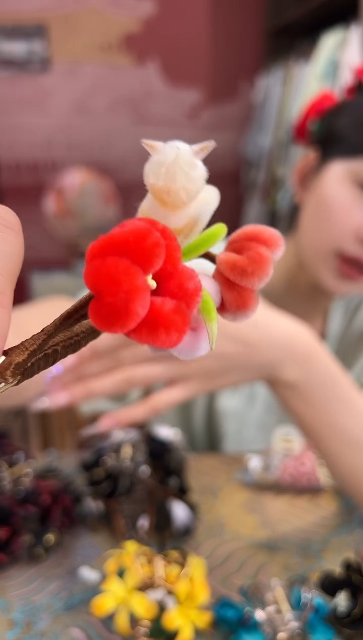刺绣 非遗绒花（发饰）  