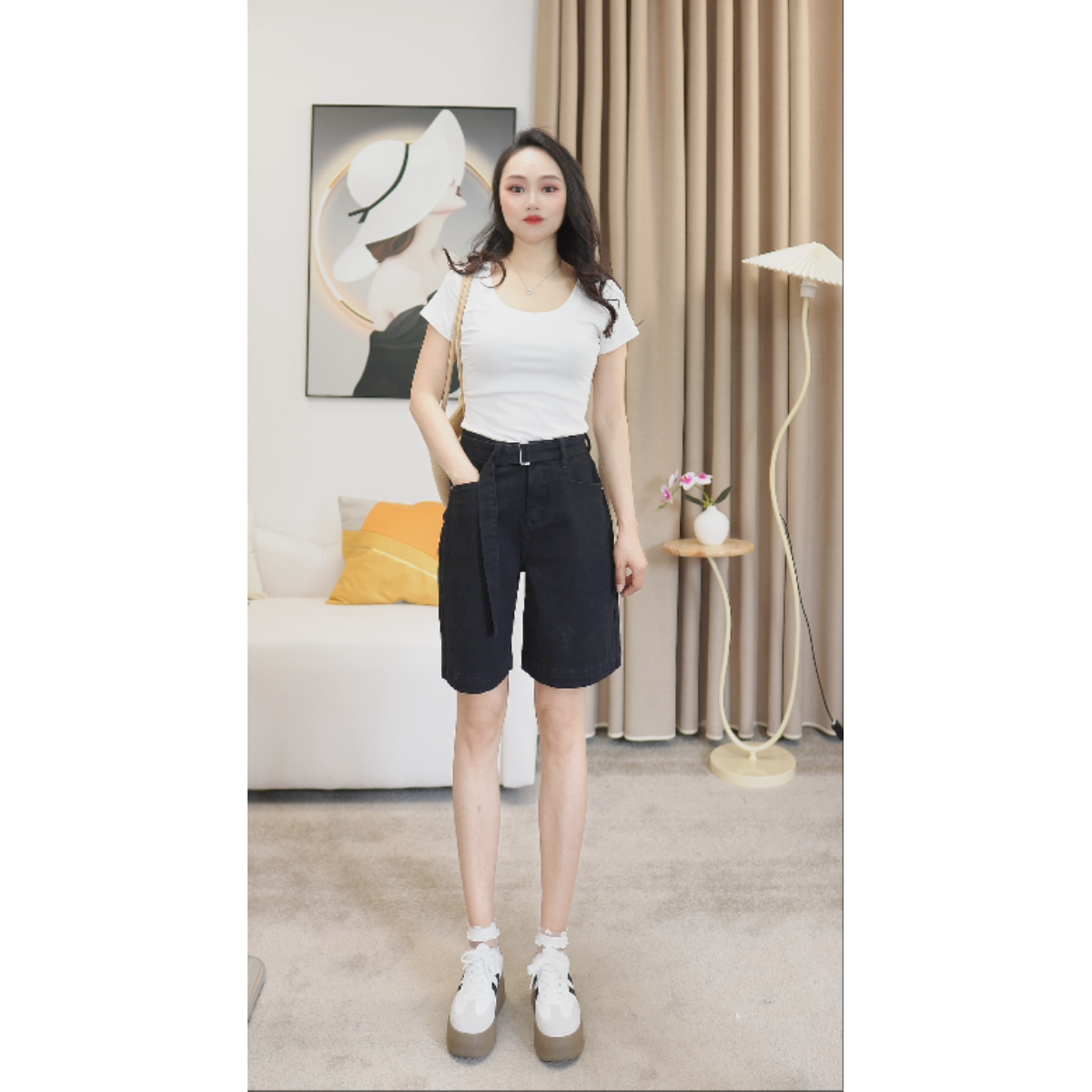 「随简」四面弹纯净版高腰中裤牛仔短裤女百搭显瘦黑色牛仔裤