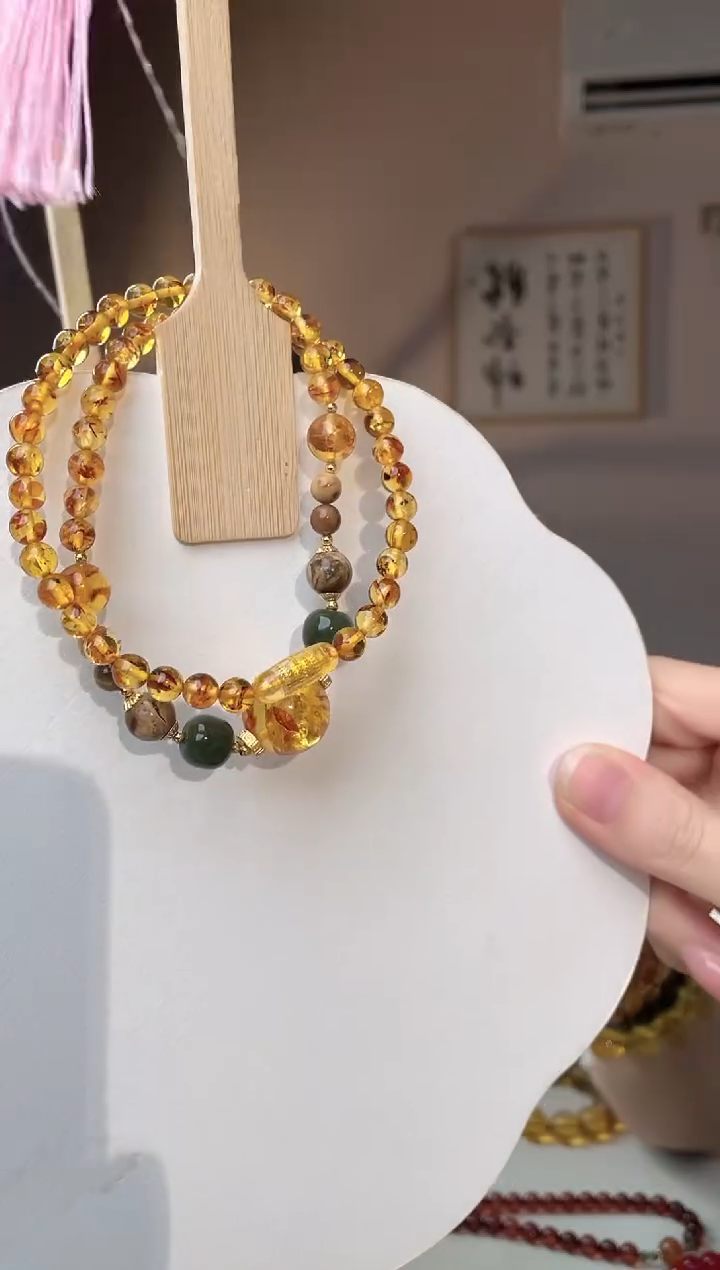 裸石琥珀未镶嵌花珀项链设计款