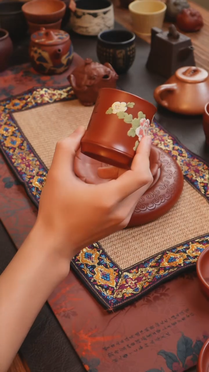 茶杯紫砂见素造器朱泥彩色竹节杯