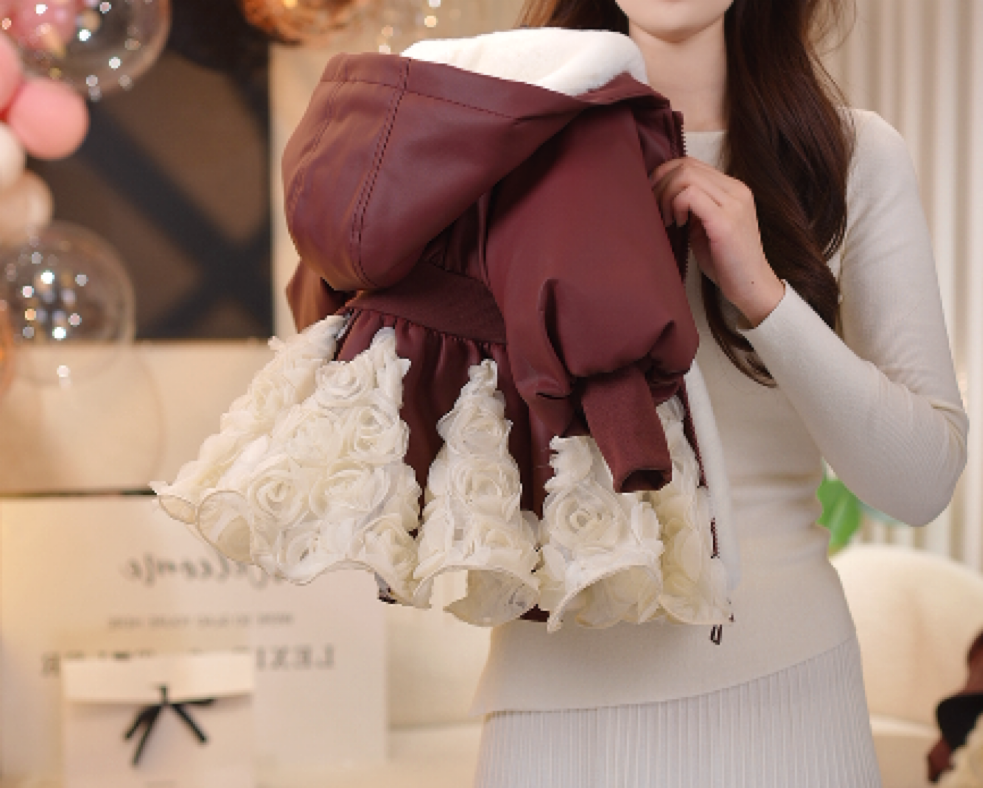 【汐】女童冬季小众设计加绒加厚花朵蓬蓬纱拼接皮衣外套