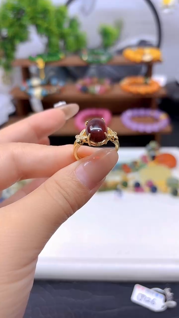 血珀银S925镀金镶嵌戒指J67