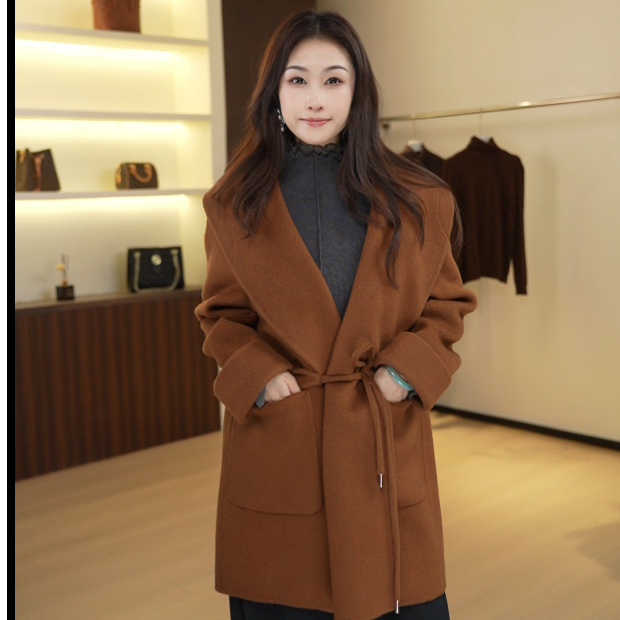 9099翻领毛呢外套老钱风连帽大衣百搭双面呢秋冬