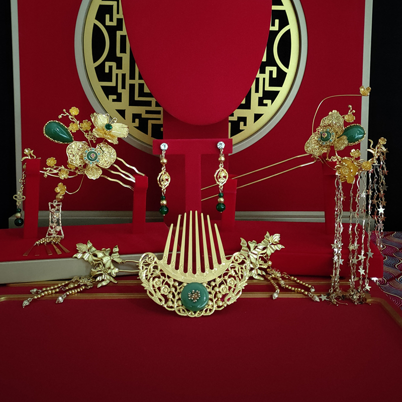 予禧-15272新娘饰中式黄色古风汉唐汉服秀禾服龙凤褂流苏发饰品