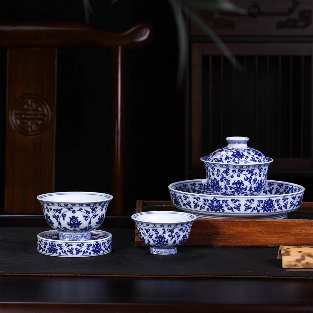 景德镇手工制作永乐元青花缠枝莲陶瓷茶具套装5件套（不带礼盒）