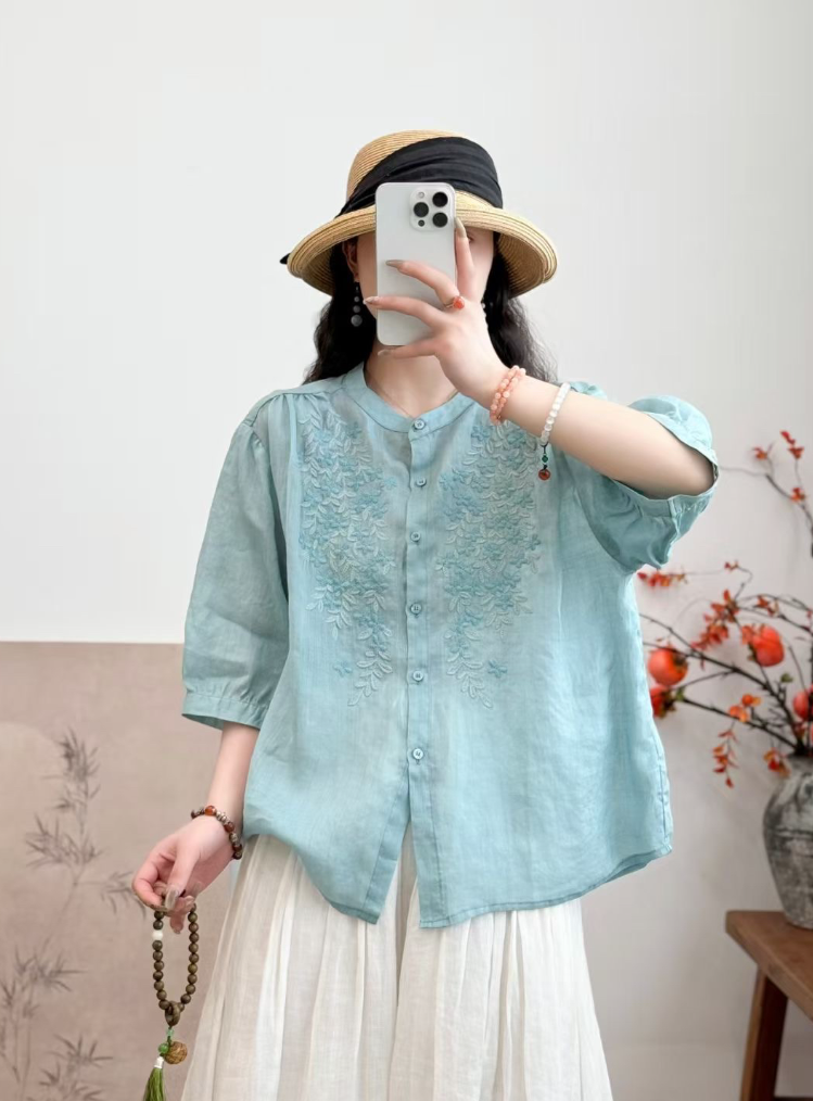 （花千正品）七分袖刺绣衬衫100苎麻斜纹长袖上衣上衣中袖休闲女装