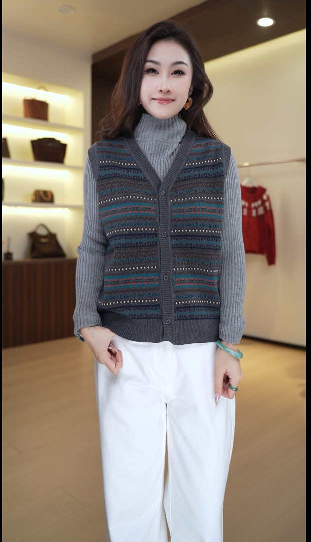 7703秋冬时尚V领费尔岛风休闲宽松针织衫