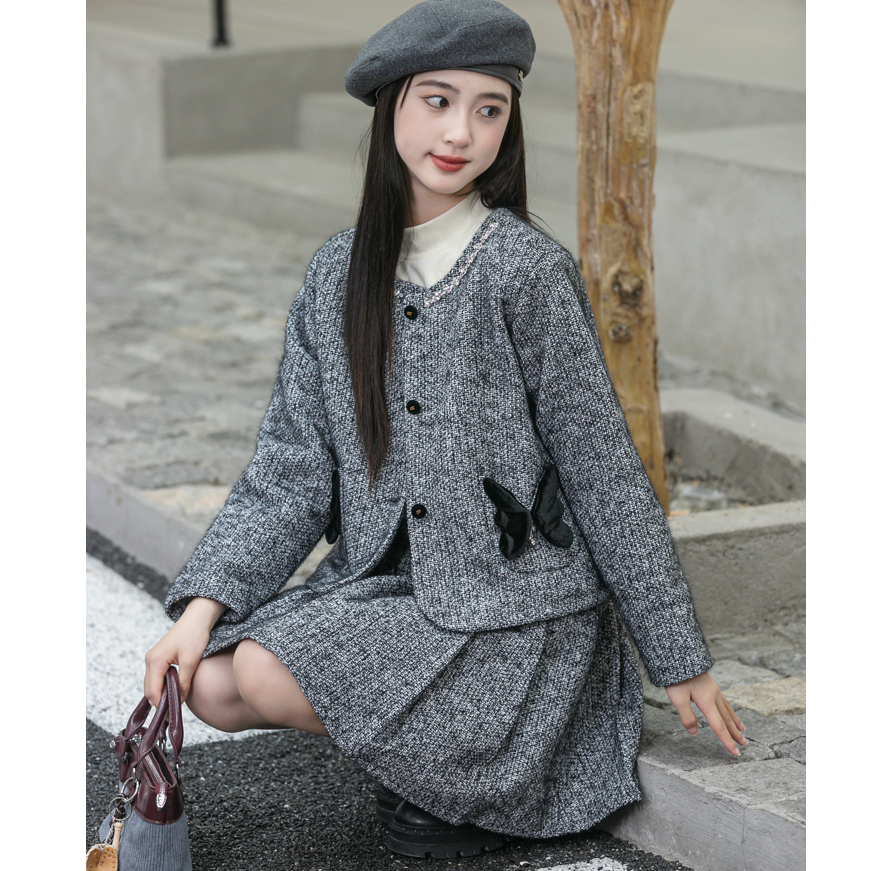 女童外套2025新款女童冬季小香风套装时尚气质半身百褶裙 62570