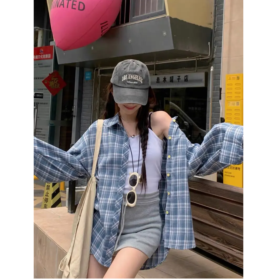 蓝色格子衬衫女2025新款春秋复古港味设计感衬衣宽松百搭上衣外套