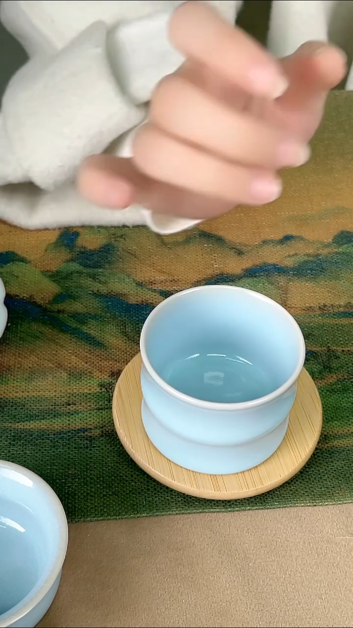 杯子瓷韩红 天青釉 竹节杯