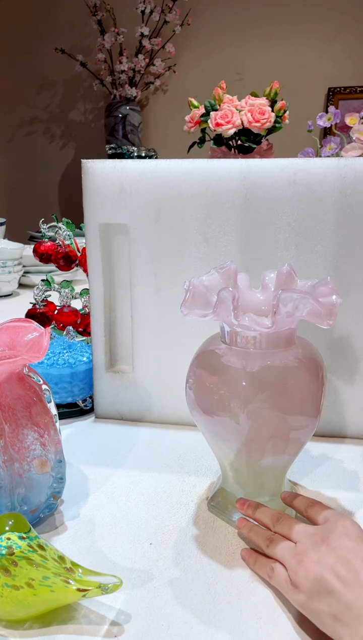【闪购商品】琉璃手工艺品高款粉黄芬顿花瓶   微瑕