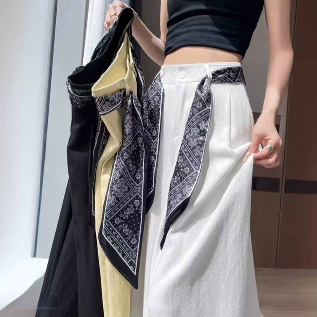 【运费险+丝带+现货】系带棉麻冰丝裤子女夏季薄款2025新款拖地直筒