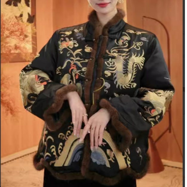 【仙露明珠】毛领丝棉服新中式老钱风重工刺绣上衣2024c5078COCO