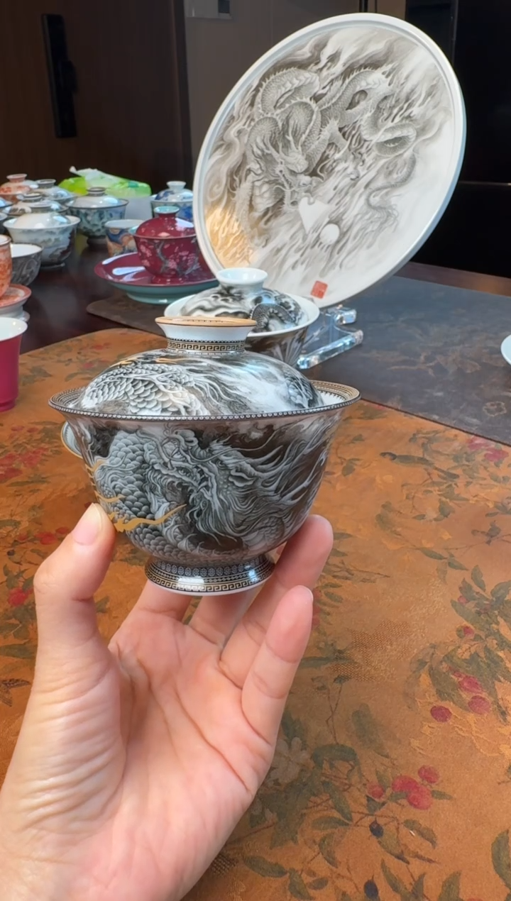 酒*空手绘顶工墨彩龙盖碗（勿拍）