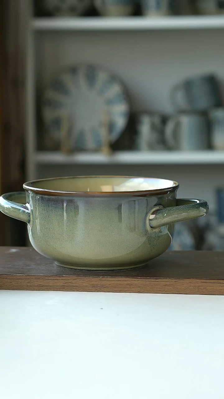 【闪购商品】陶瓷窑变湖水蓝双耳碗15cm@4-2@