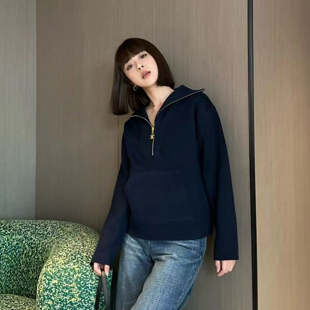 未使用 Celine/思琳 纯色半拉链袋鼠口袋长袖卫衣