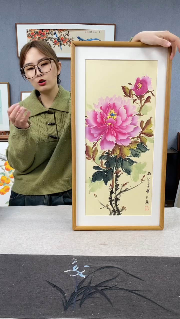 【闪购商品】国画孙颖-纯手绘带框作品-35*68-牡丹
