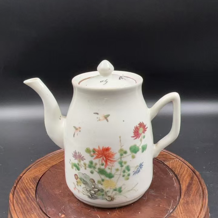 民国粉彩洞石花鸟把壶-403