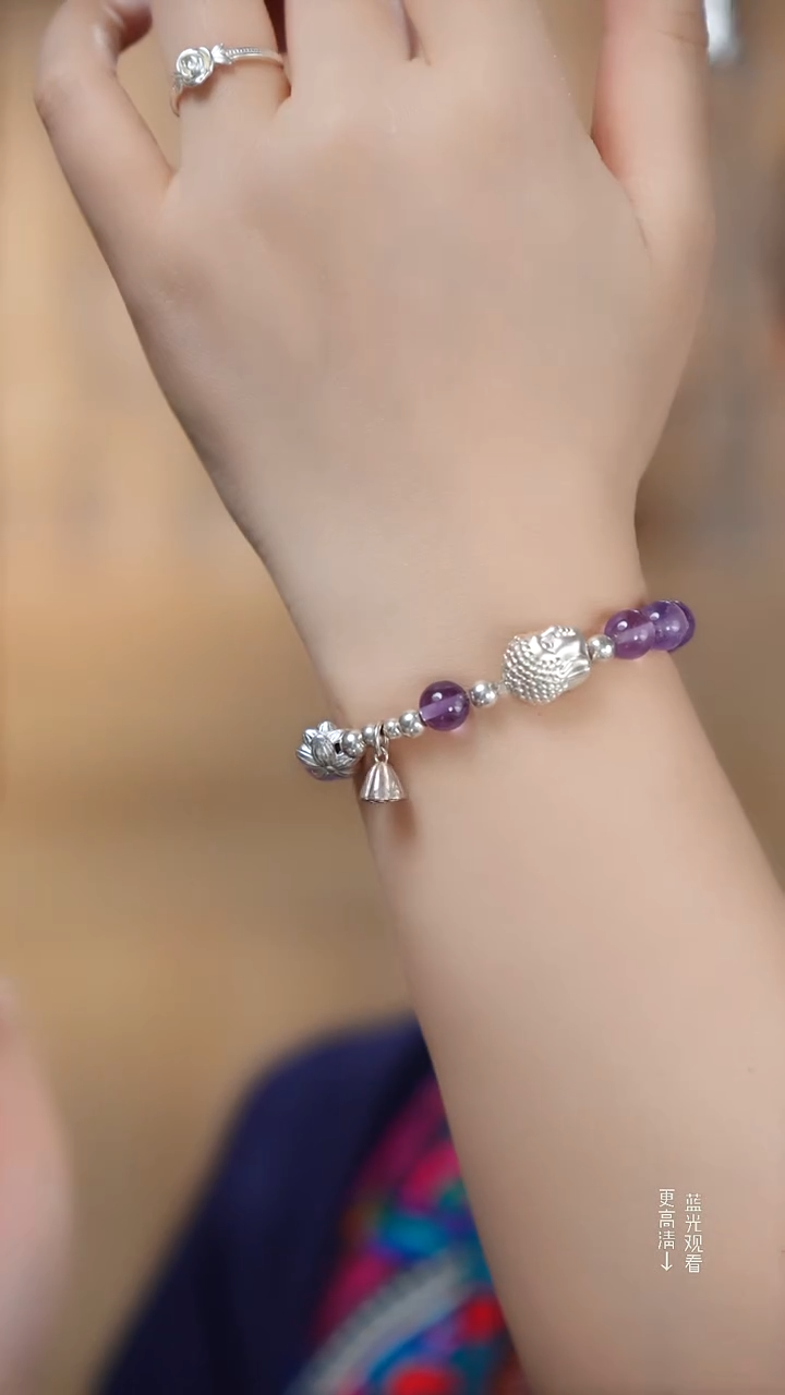 珐琅足银双面佛堂紫色手链